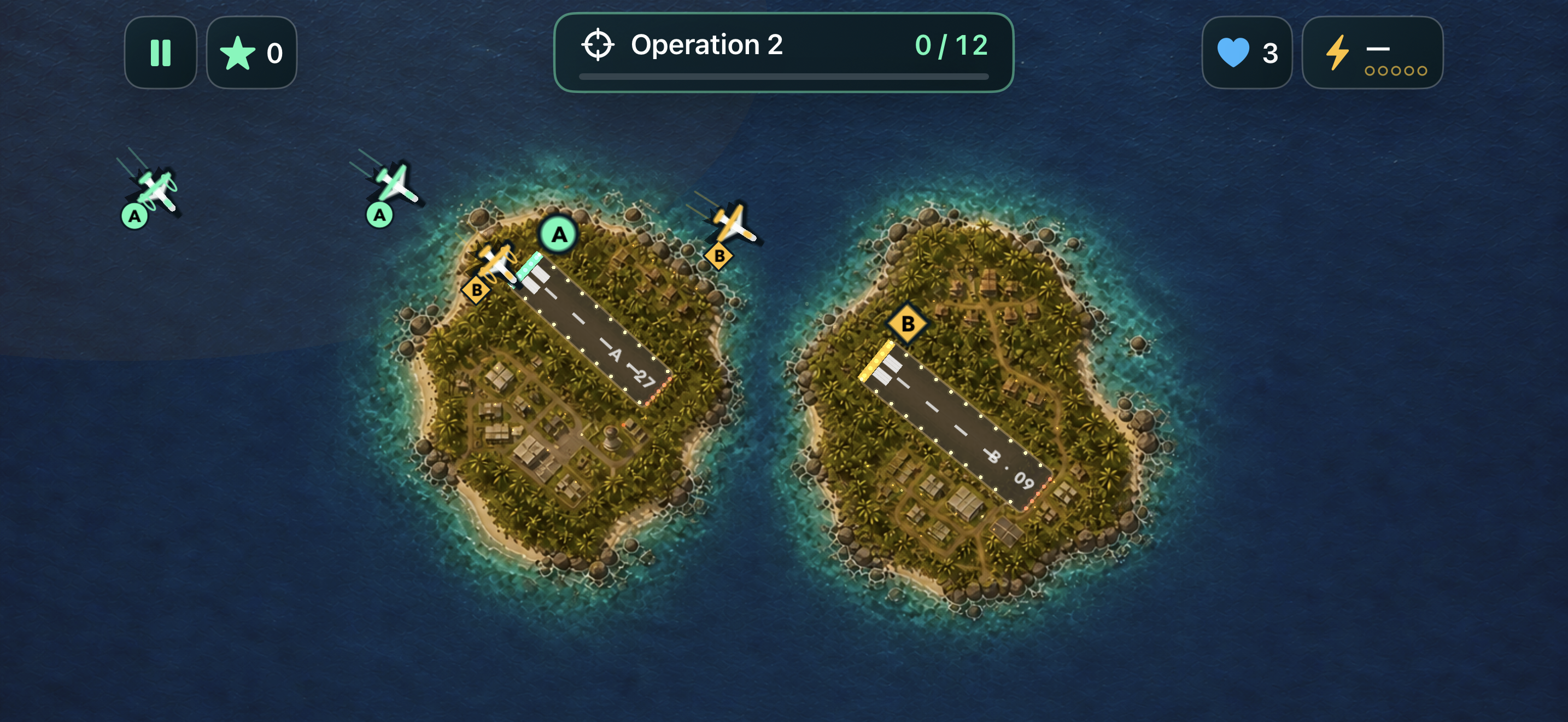 Real Matar gameplay showing aircraft approaching two island runways
